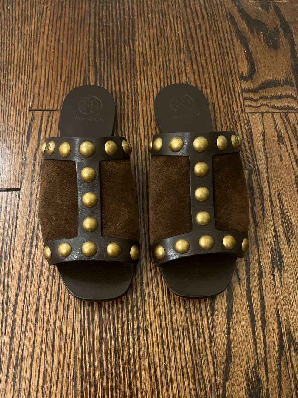 Tory Burch Studded Leather & Suede Slides Brown Size [SIZE 5]
